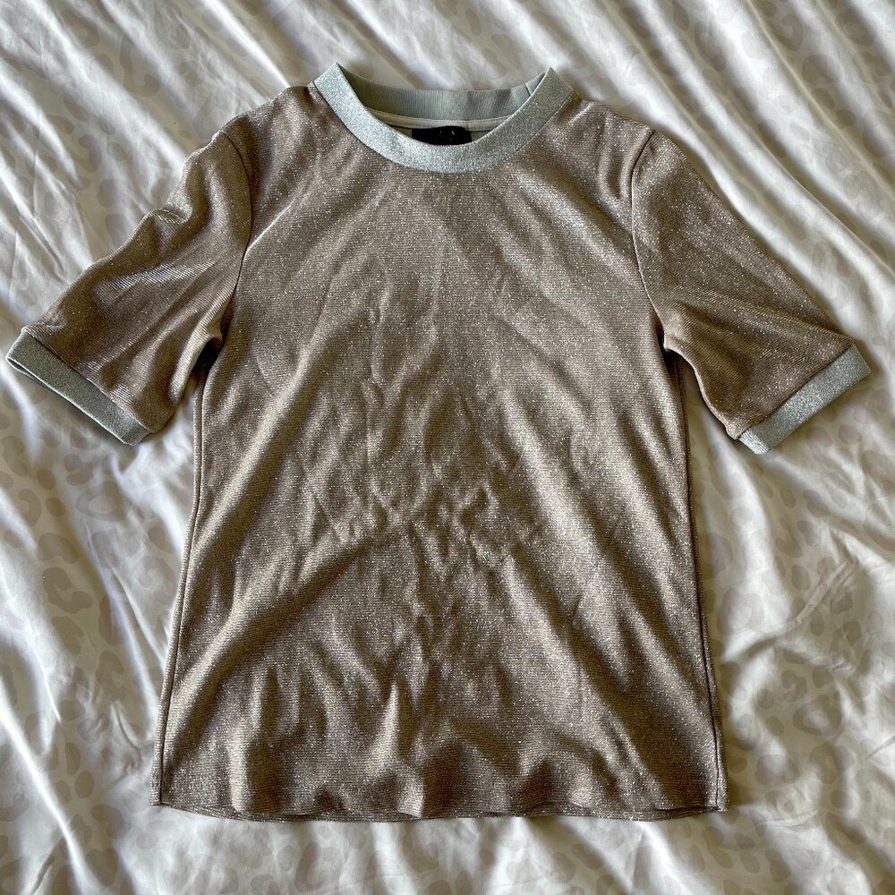 Aqua Champagne Silver Sparkle Tee – Metallic Collar & Cuff Detail XS
